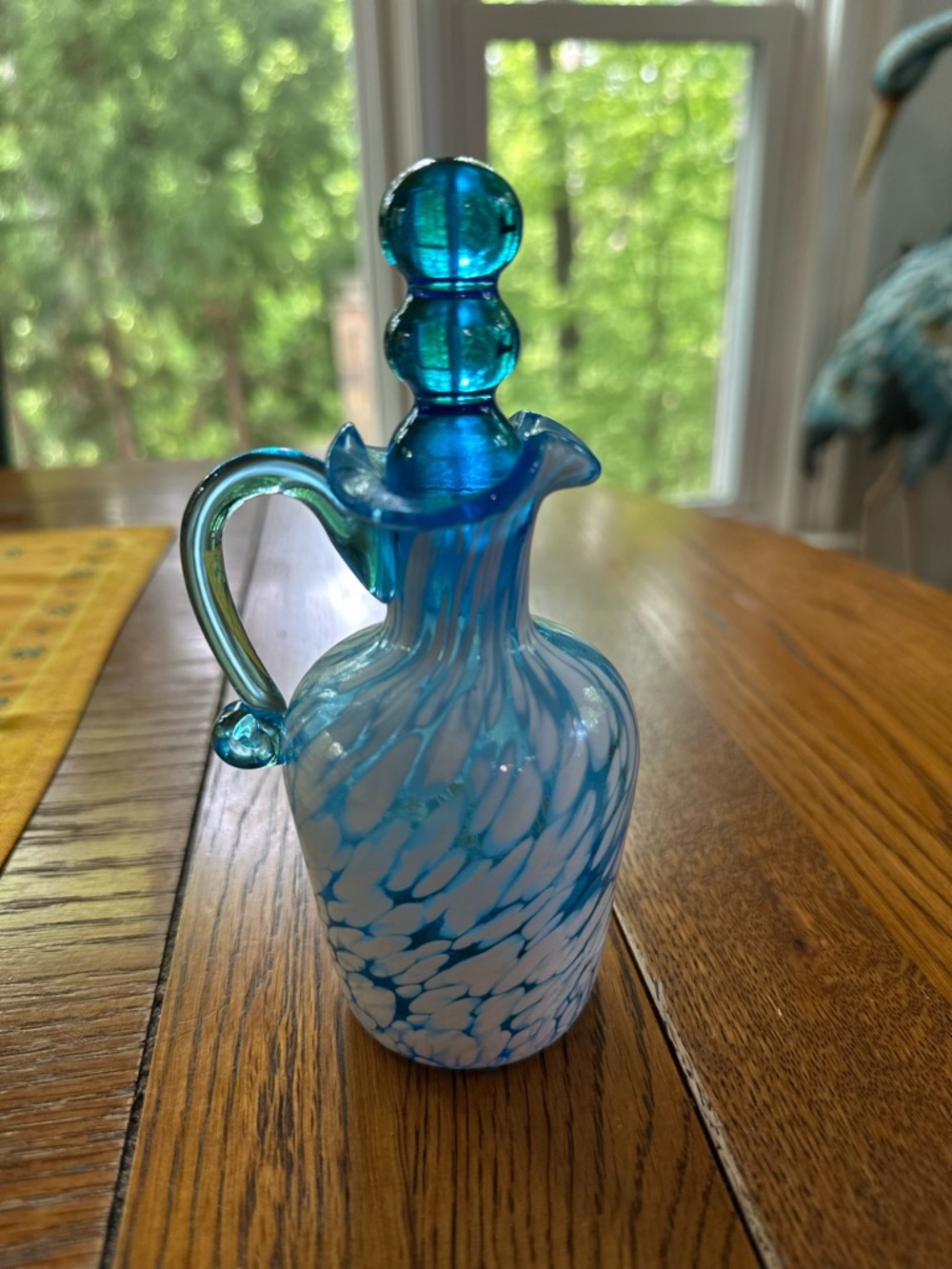 Rainbow Art Glass Cruet AQUA Turquoise Blue - White Spatter Milk Spots Stopper